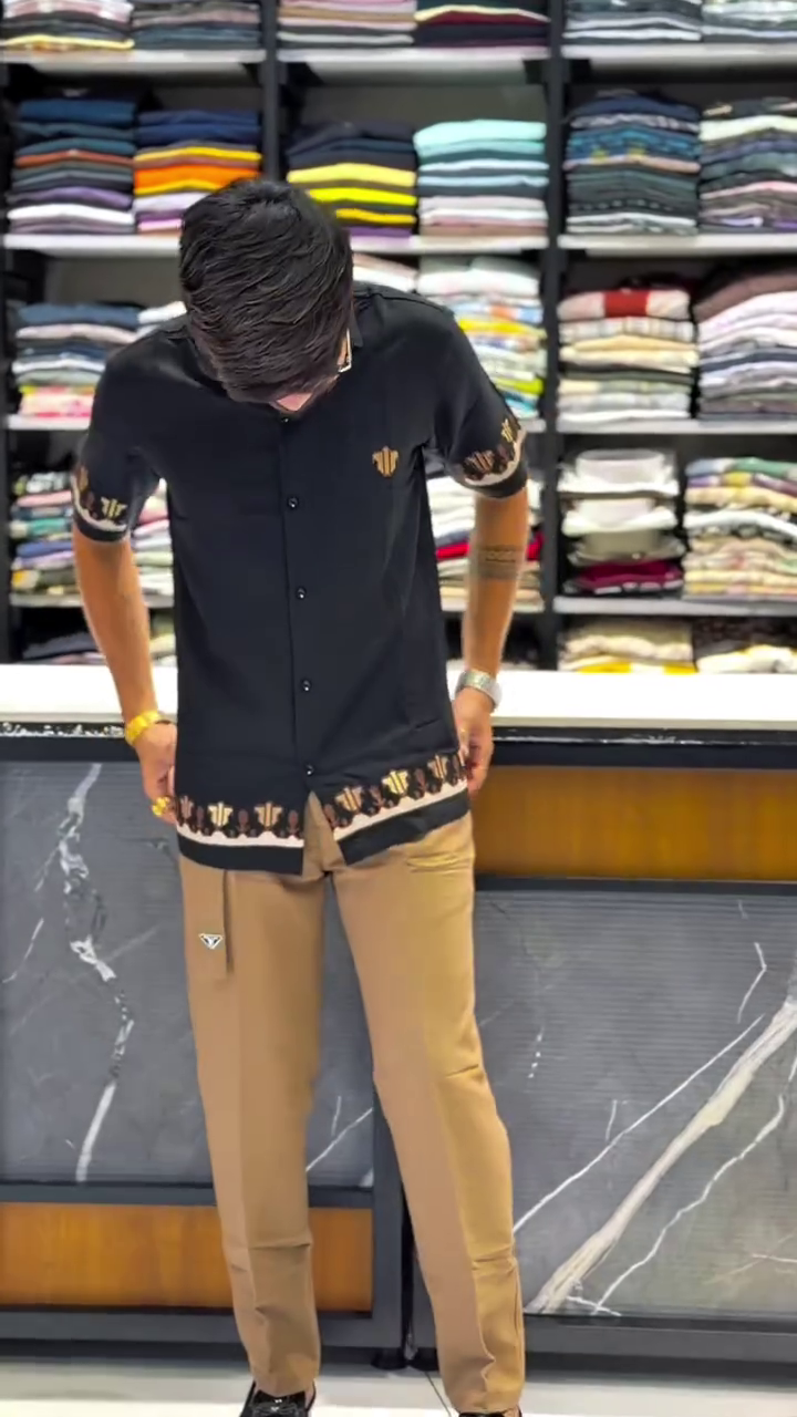 Black Fancy Knitted Casual Shirt, Motifs Embroidery, a Spread Collar, Half Sleeves, Regular Fit, and Regular Length
