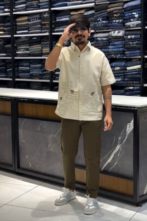 Men Embroidered Placement Patterned Cuban Collar Relaxed Shirt with pant