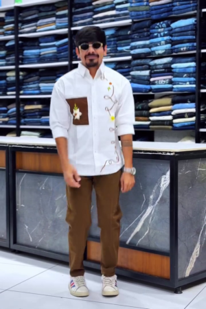 Men Standard Fit Embroidered Spread Collar Satin Casual Shirt with Pant