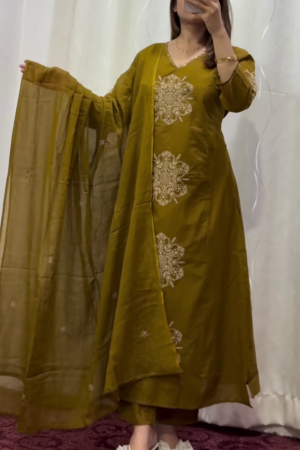 Olive Green Embroidered A-Line Suit Set