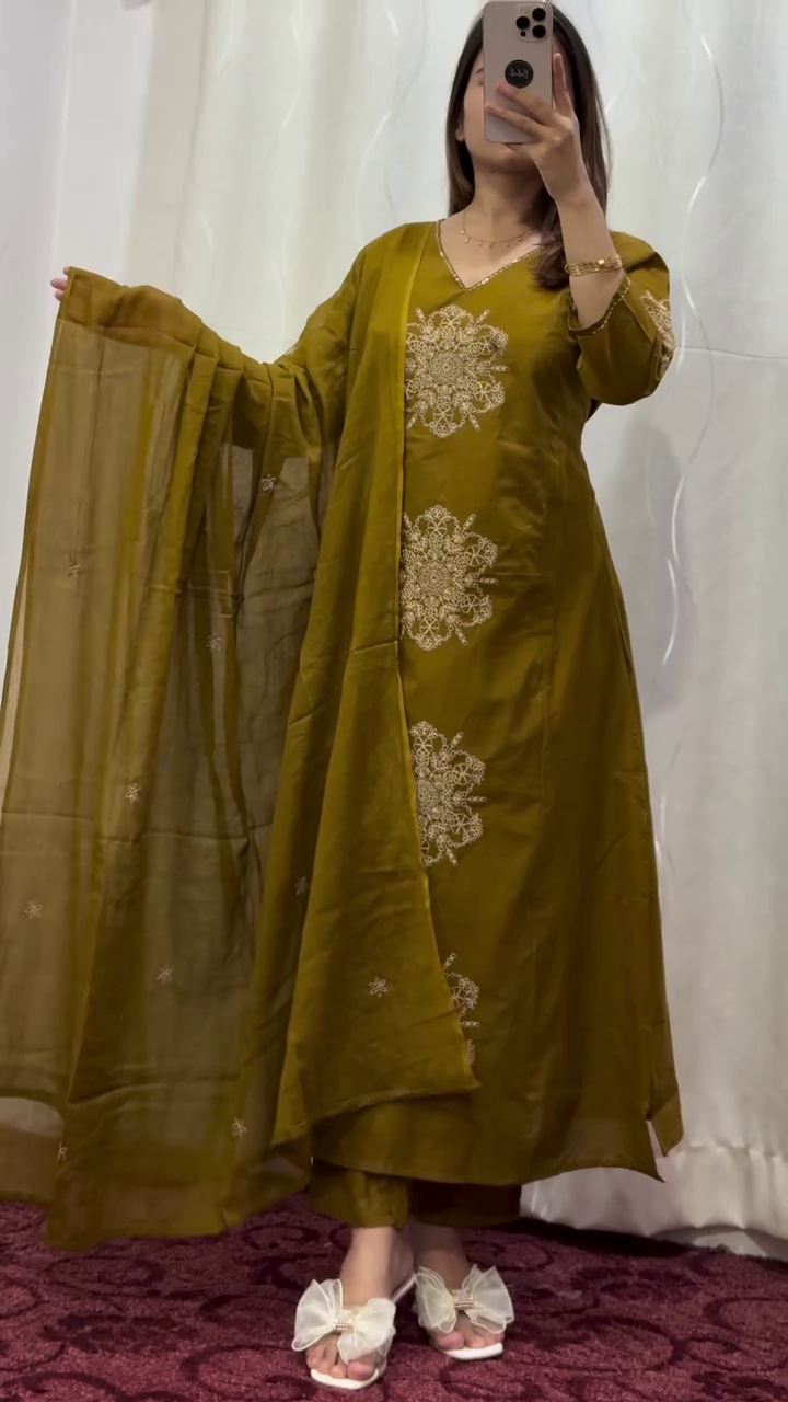 Olive Green Embroidered A-Line Suit Set