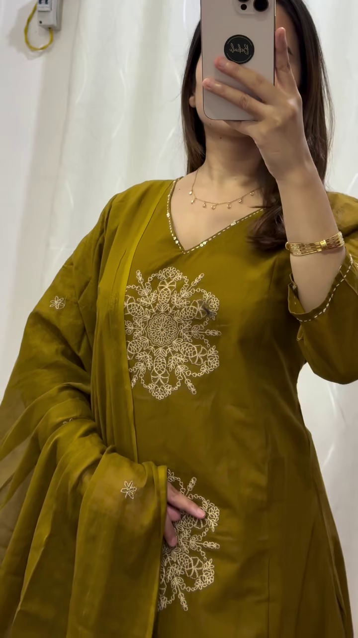 Olive Green Embroidered A-Line Suit Set - Image 2