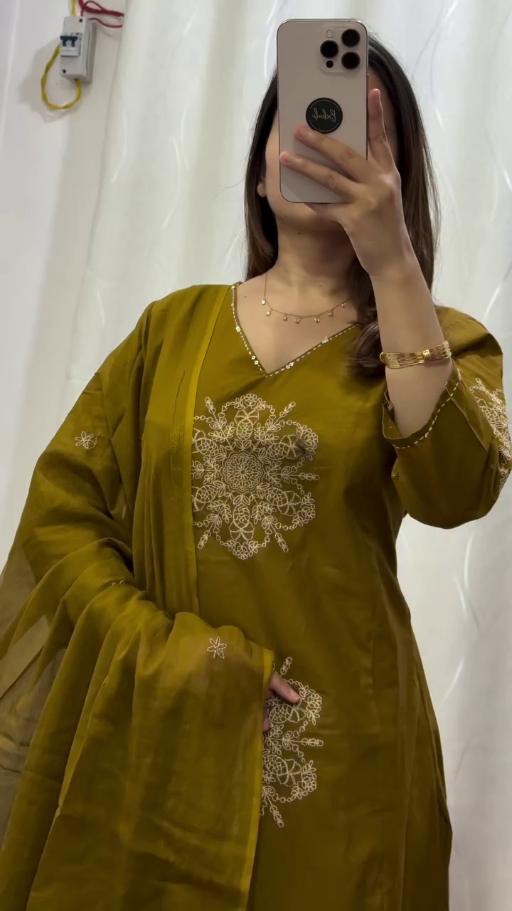 Olive Green Embroidered A-Line Suit Set - Image 3