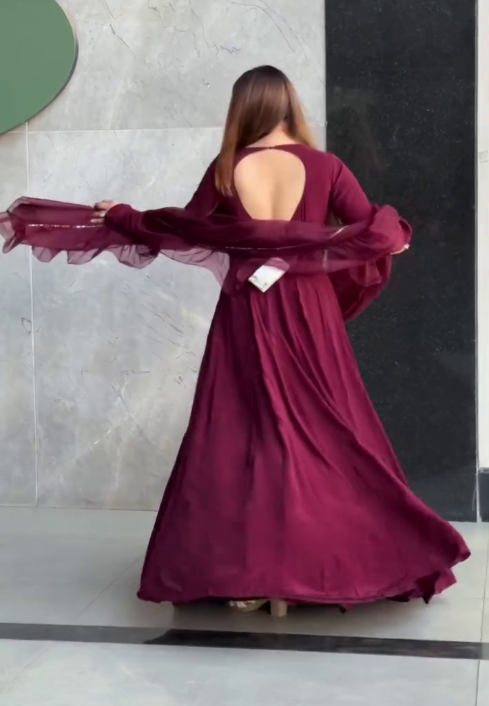 Wine Embellished Anarkali Gown - Image 2