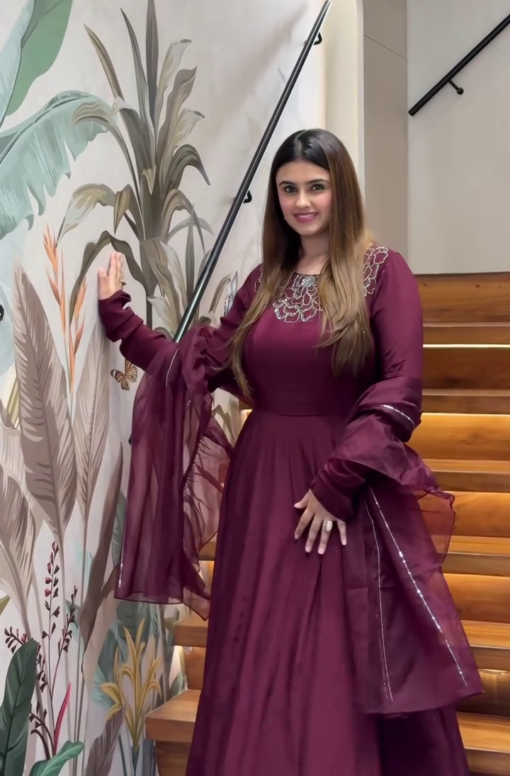Wine Embellished Anarkali Gown - Image 3