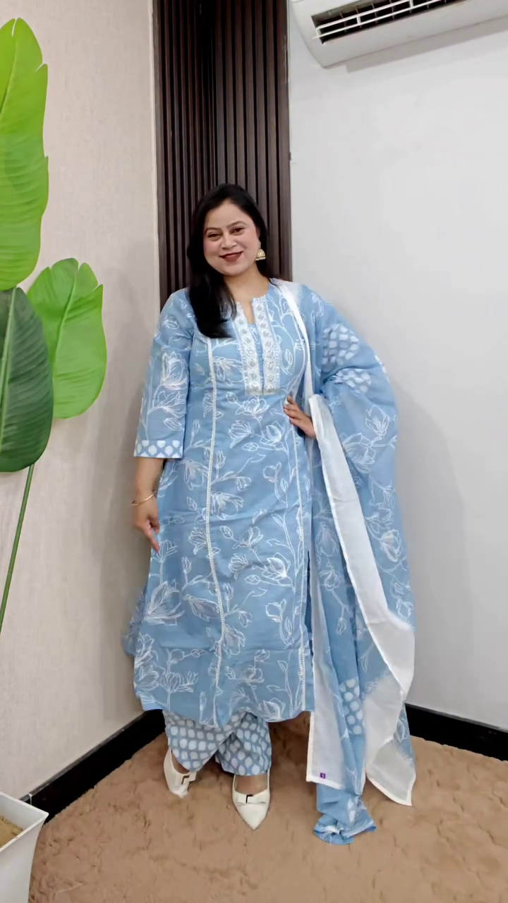 Pastel Blue Floral Printed Suit Set