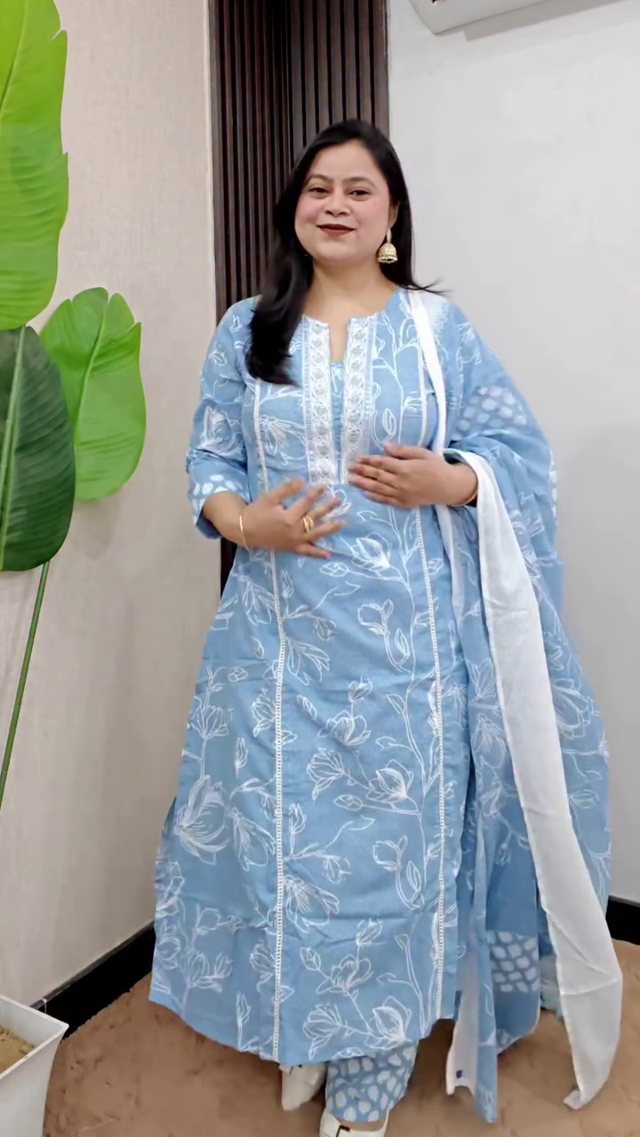 Pastel Blue Floral Printed Suit Set - Image 3