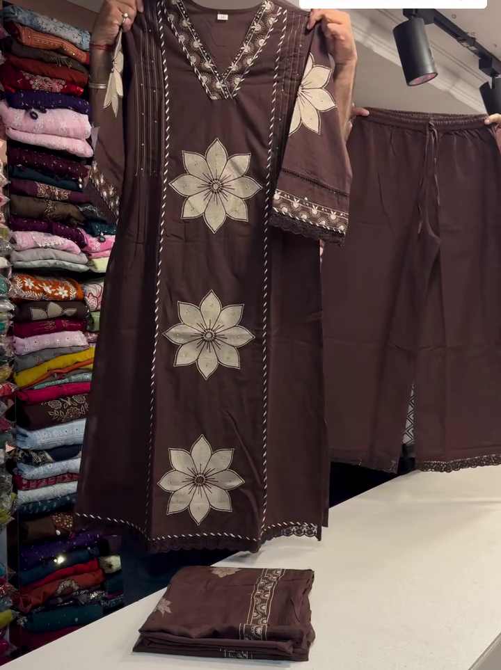 Brown Floral Printed Kurta Pant Set
