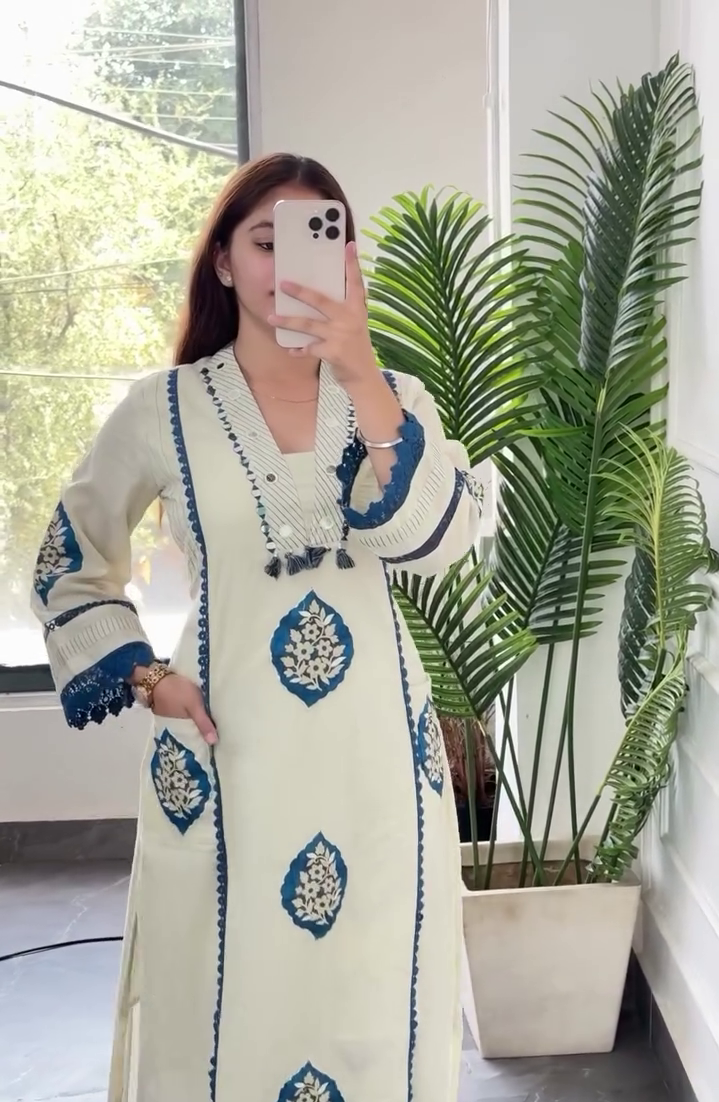 White Blue Block Print Suit Set - Image 2