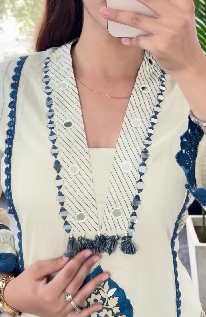 White Blue Block Print Suit Set - Image 4
