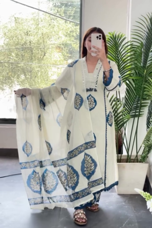 White Blue Block Print Suit Set