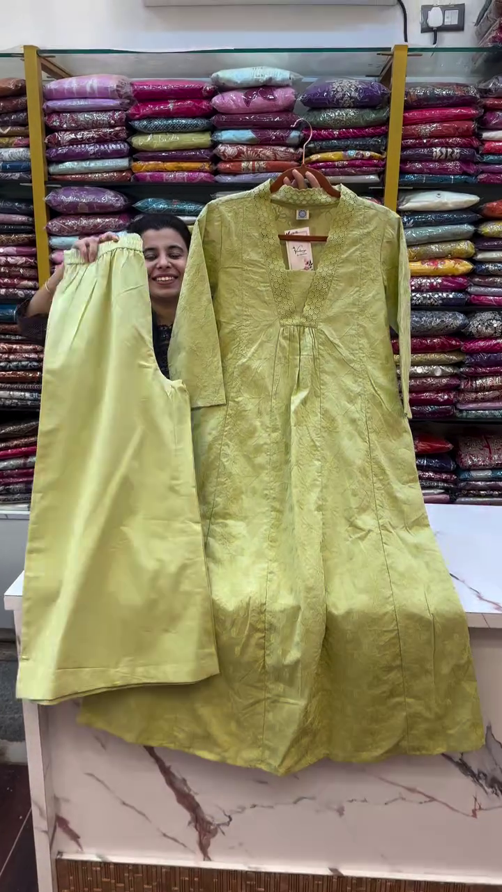 Lime Green Jacquard Kurta Pant Set