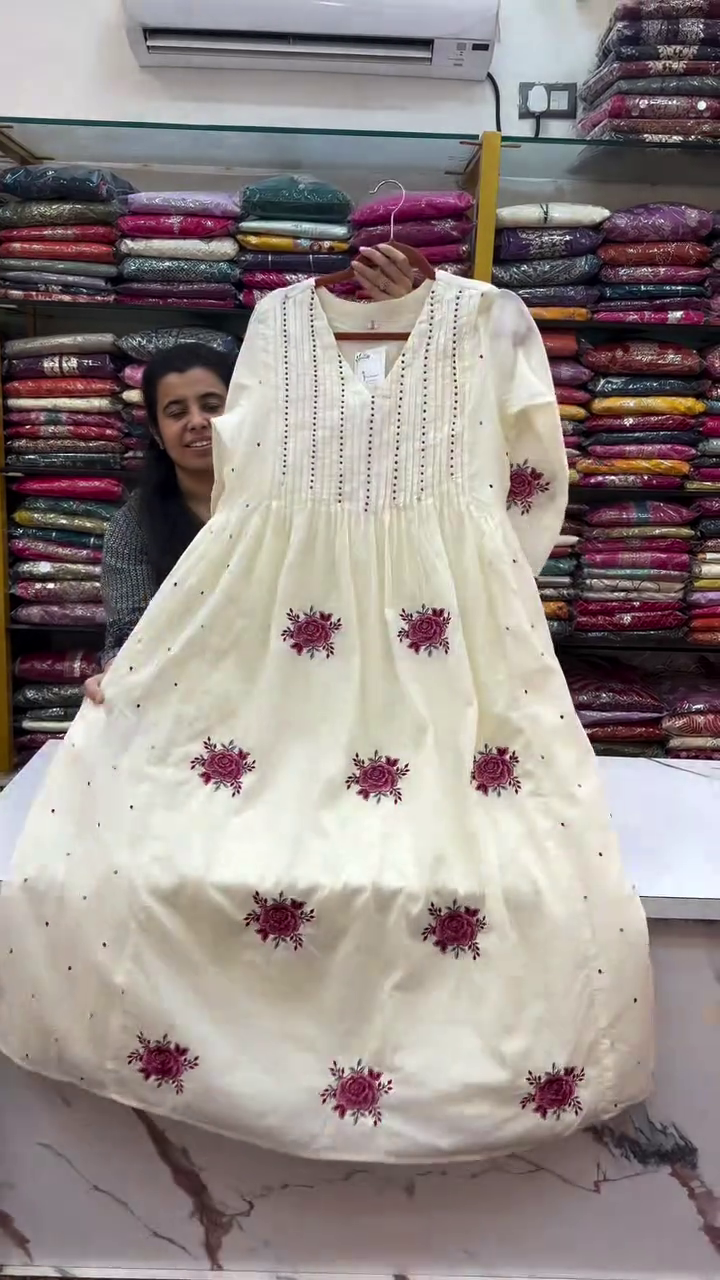Off White Rose Embroidered Anarkali Suit Set - Image 2