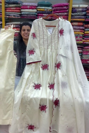 Off White Rose Embroidered Anarkali Suit Set