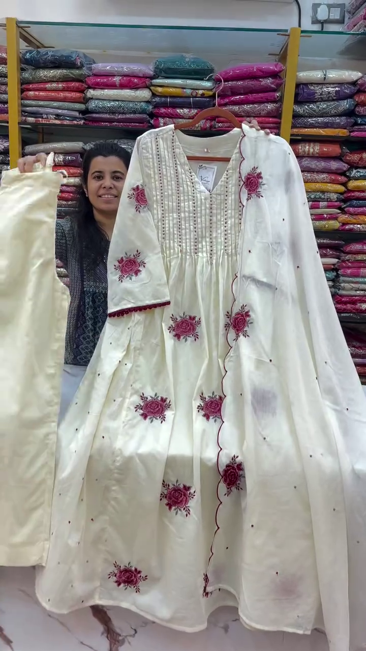 Off White Rose Embroidered Anarkali Suit Set