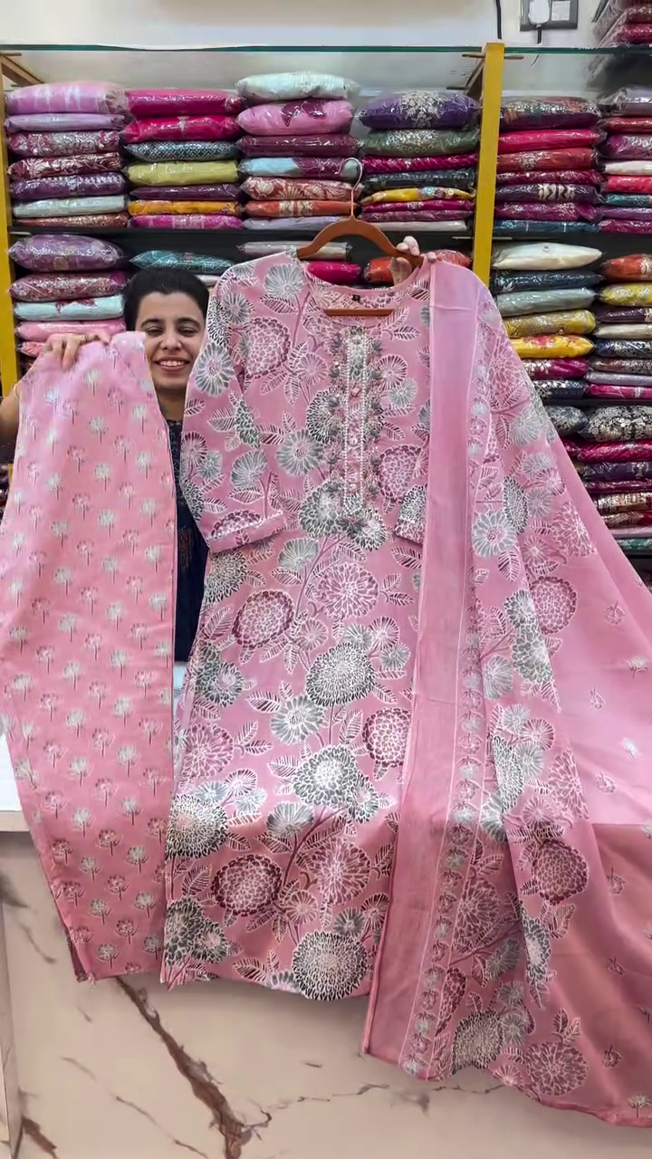 Pink Floral Printed Three Piece Suit Set
