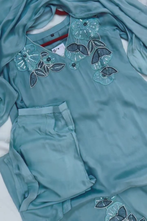 Aqua Blue Floral Embroidered Suit Set