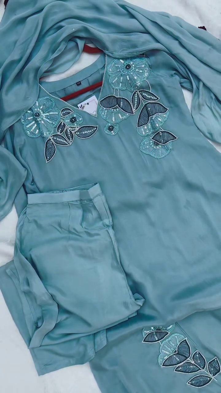 Aqua Blue Floral Embroidered Suit Set