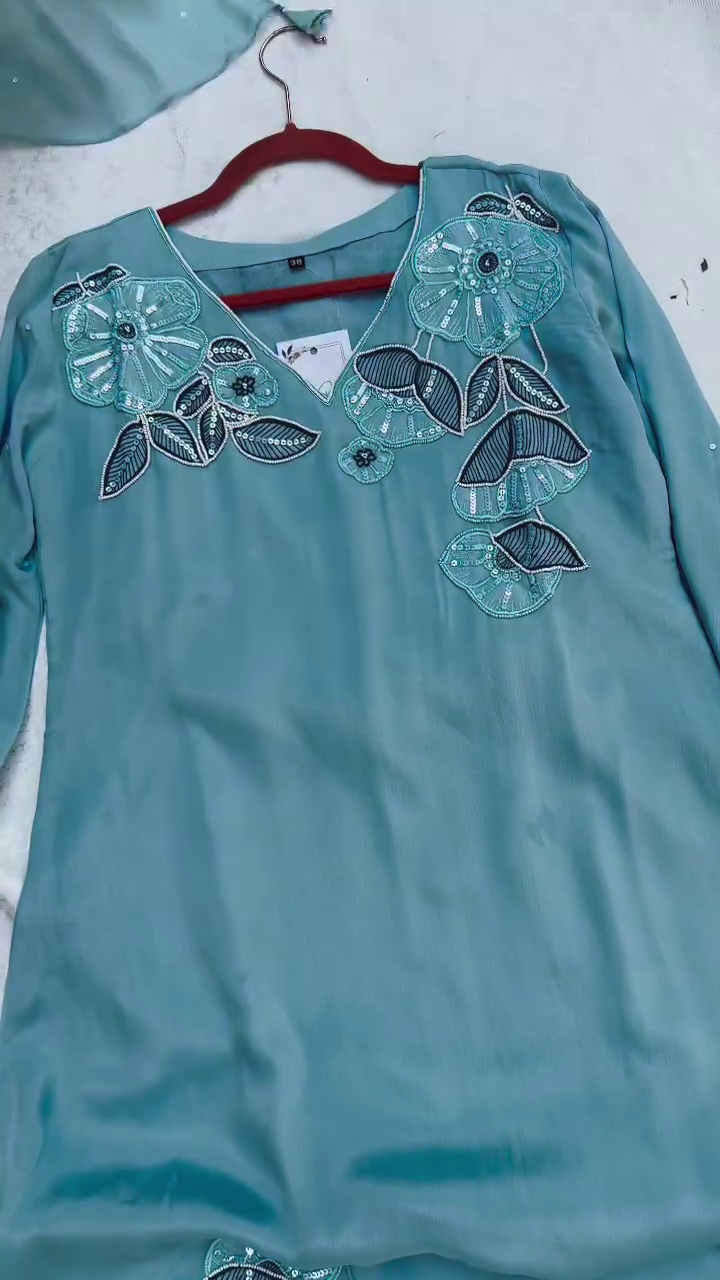 Aqua Blue Floral Embroidered Suit Set - Image 2