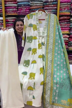 Ivory Elephant Print Anarkali Suit Set