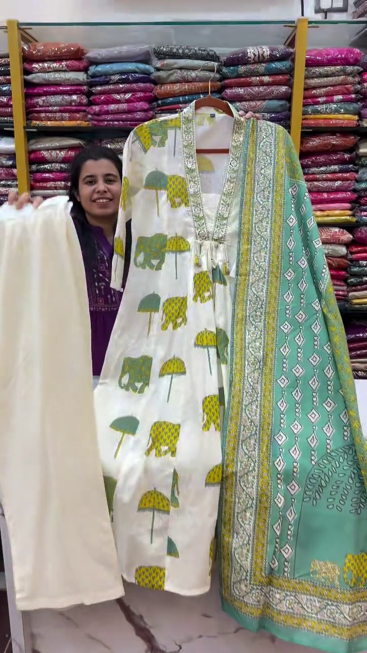 Ivory Elephant Print Anarkali Suit Set