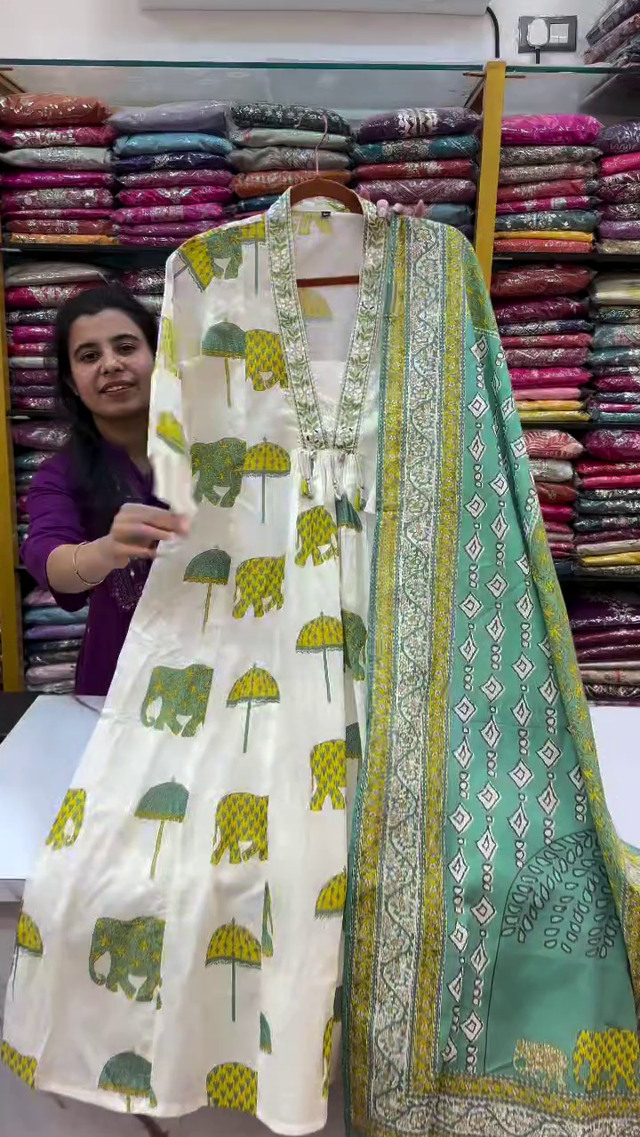 Ivory Elephant Print Anarkali Suit Set - Image 2