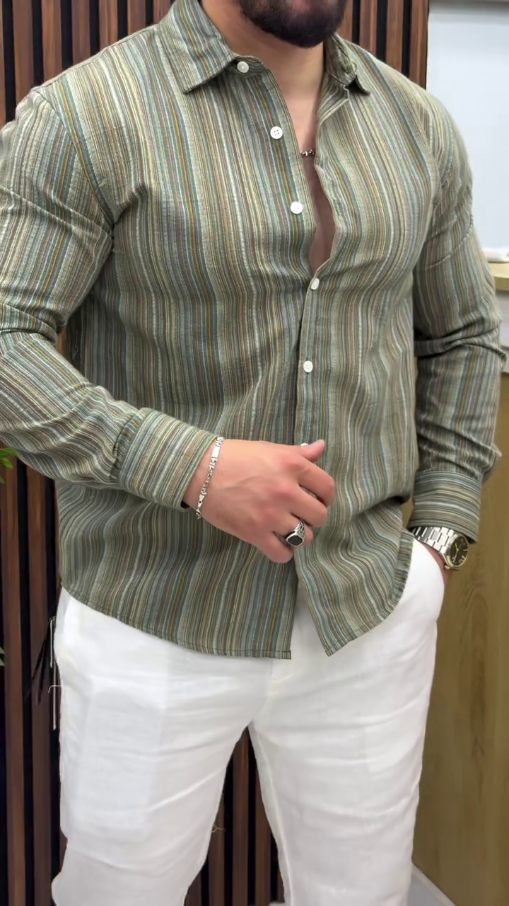 Men's Olive Multi Stripe Casual Shirt