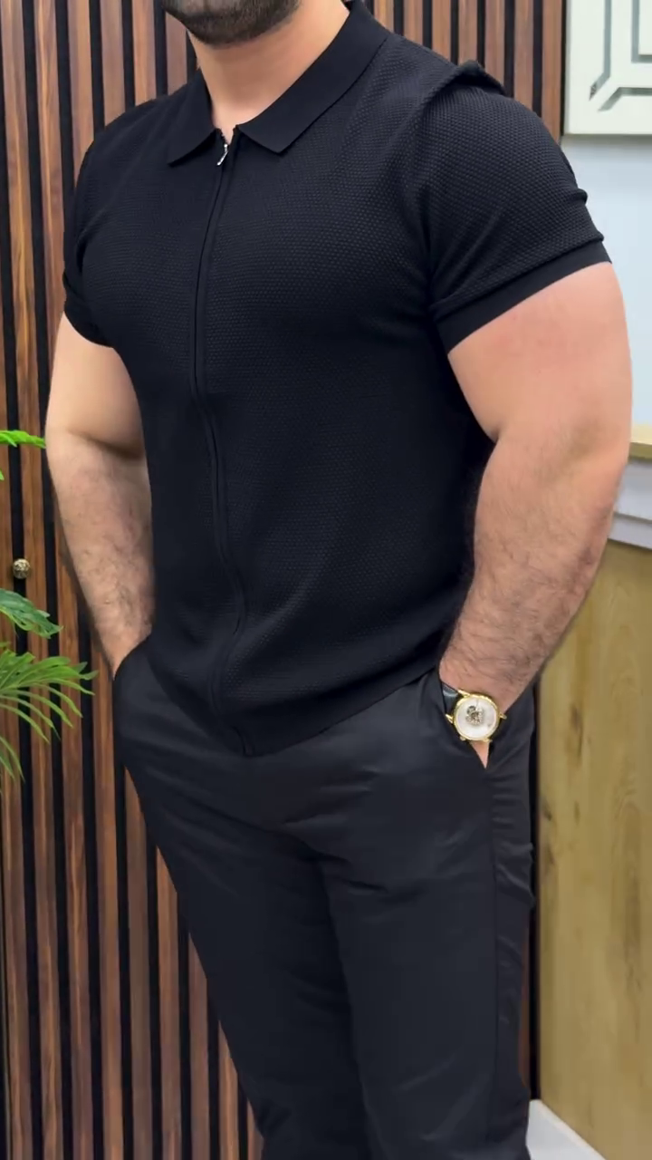 Men's Textured Zip Polo T-Shirt - Image 2