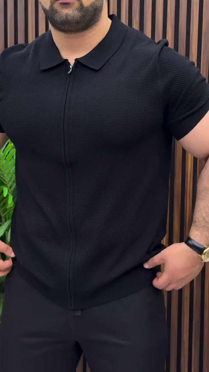 Men's Textured Zip Polo T-Shirt