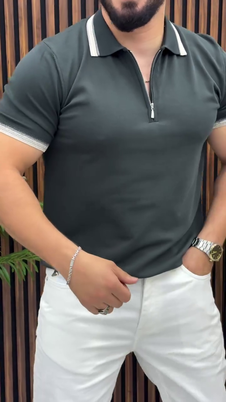 Men's Contrast Trim Zip Polo T-Shirt