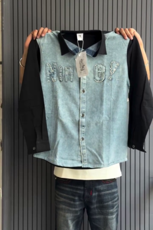 Men's Denim Panel Typography Casual Shirt