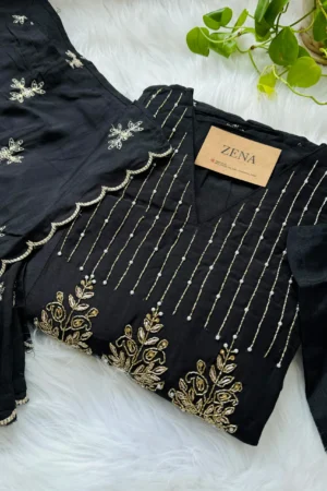Mul Chanderi Handwork Anarkali Kurti Set – Regal Elegance - Black Color