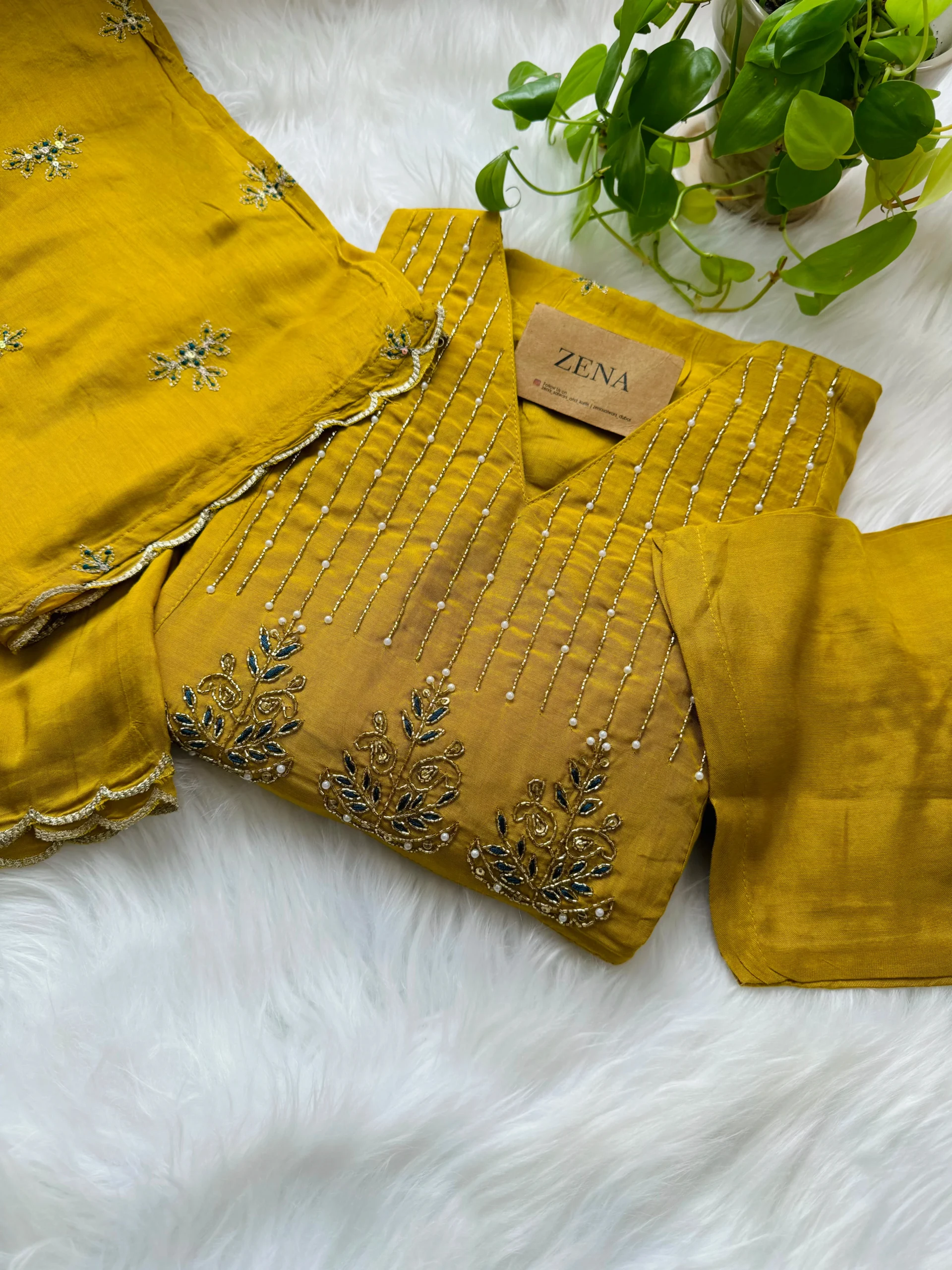 Mul Chanderi Handwork Anarkali Kurti Set – Regal Elegance - Yellow Color