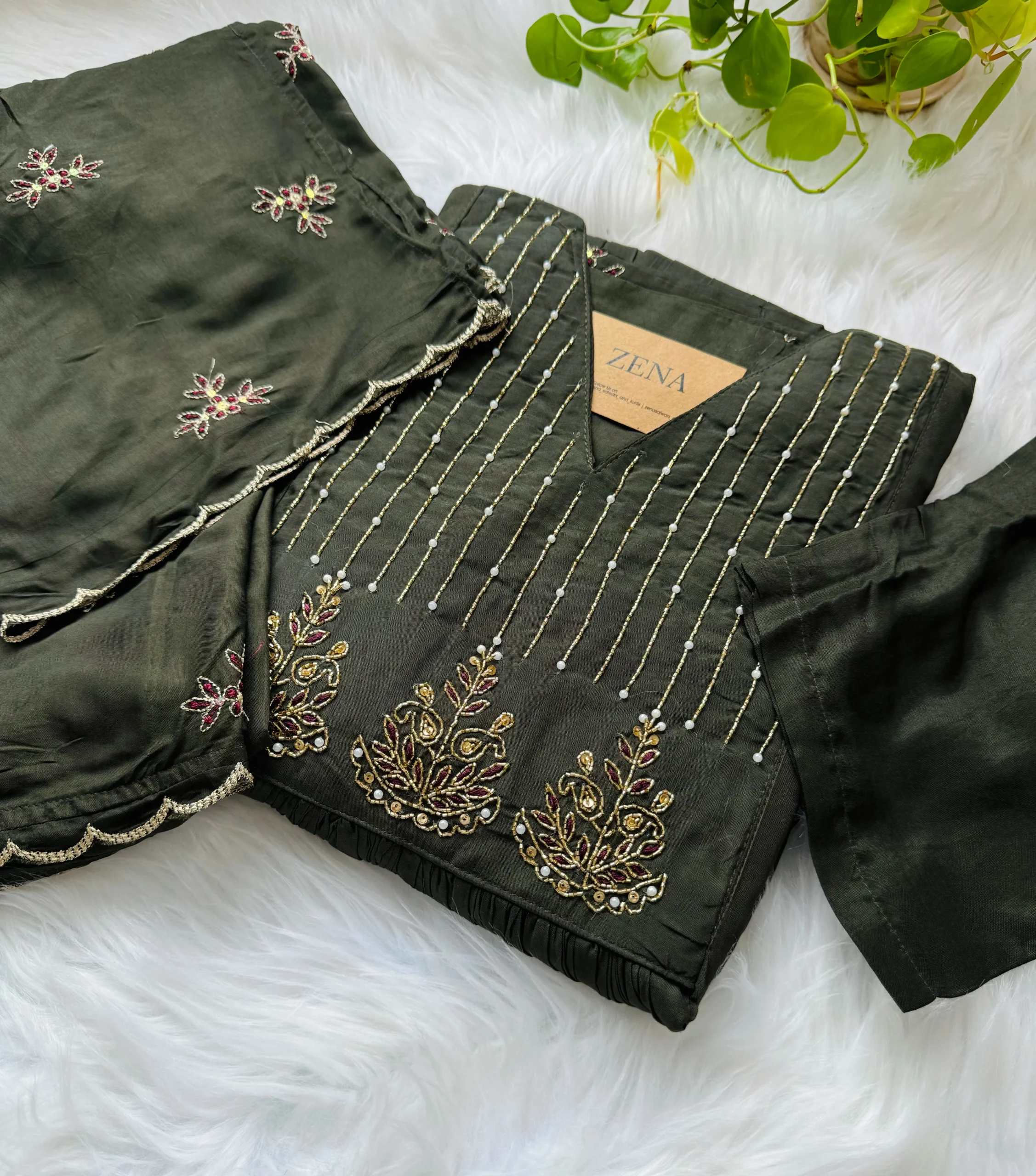 Mul Chanderi Handwork Anarkali Kurti Set – Regal Elegance - Pista Green Color