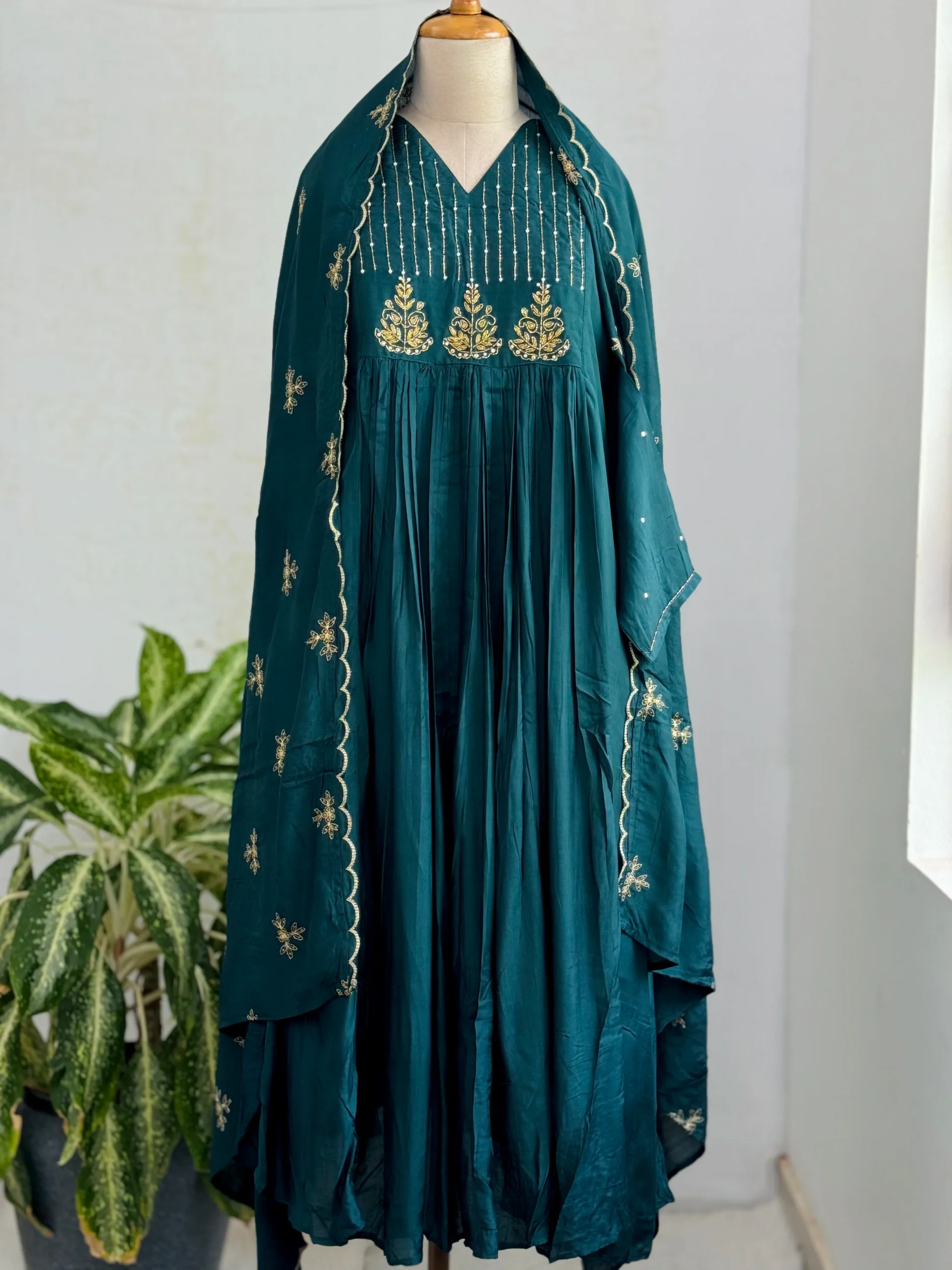 Mul Chanderi Handwork Anarkali Kurti Set – Regal Elegance - peacock blue Color - Image 2