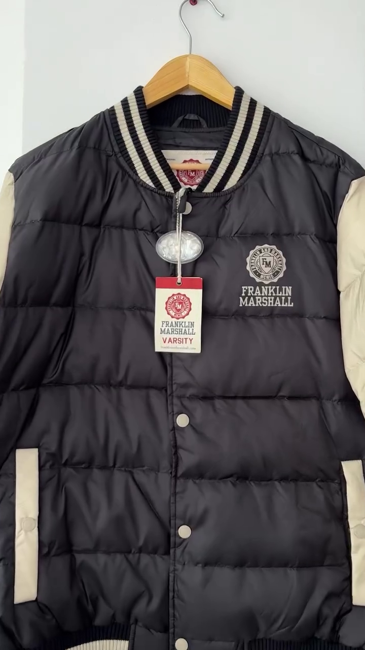 Black & Cream Varsity Puffer Jacket - Image 2