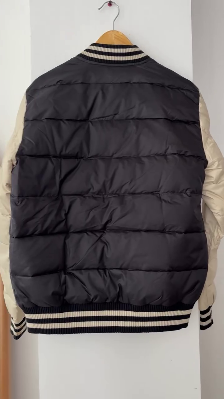 Black & Cream Varsity Puffer Jacket - Image 3