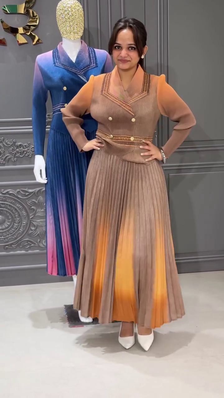 Brown Pleated Winter Dress