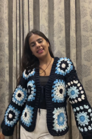 Women's Winter Blue & White Floral Crochet Cardigan