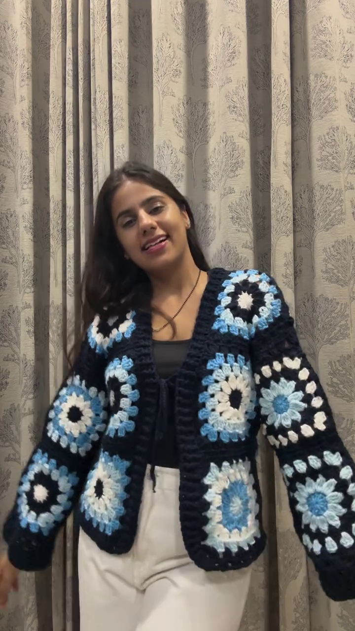 Women's Winter Blue & White Floral Crochet Cardigan