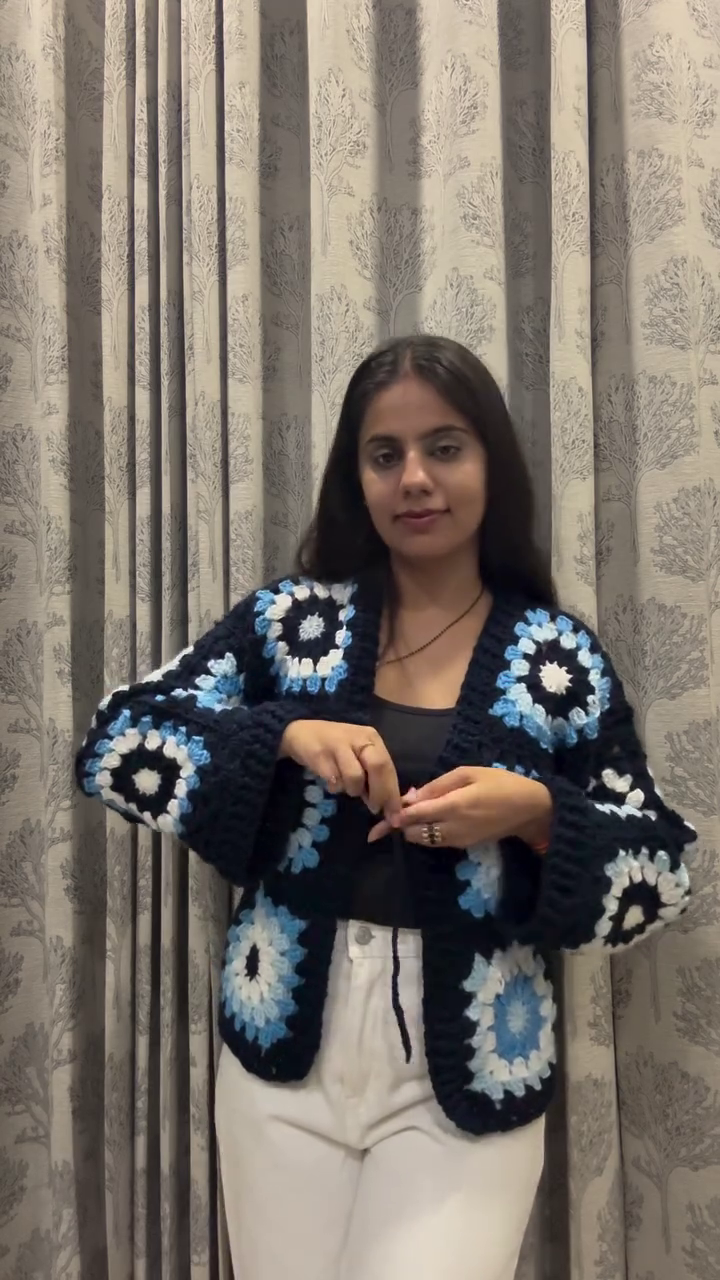 Women's Winter Blue & White Floral Crochet Cardigan - Image 2