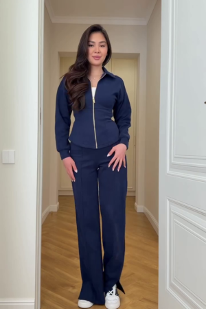 Women's Winter Navy Fitted Zip Jacket & Wide-Leg Pants Set