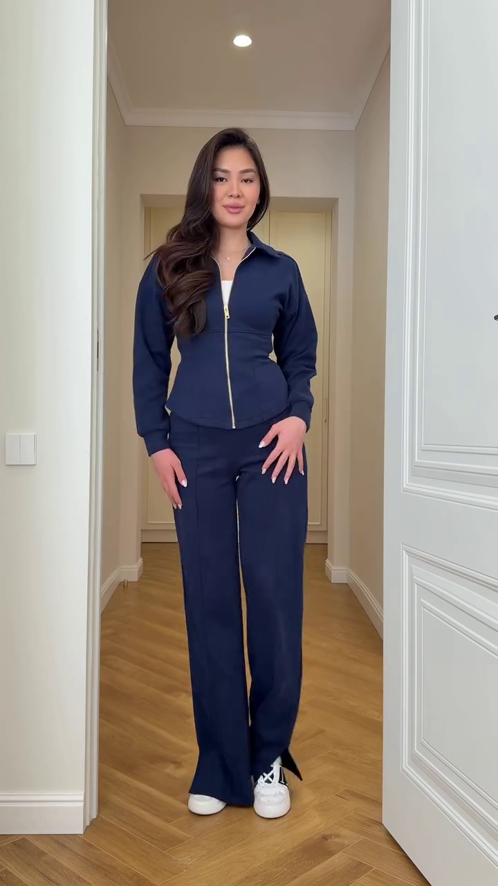 Women's Winter Navy Fitted Zip Jacket & Wide-Leg Pants Set