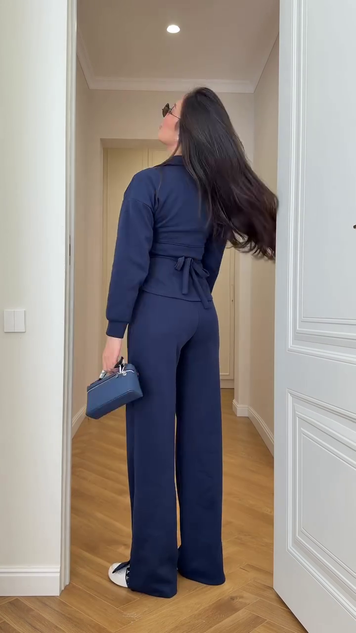 Women's Winter Navy Fitted Zip Jacket & Wide-Leg Pants Set - Image 2