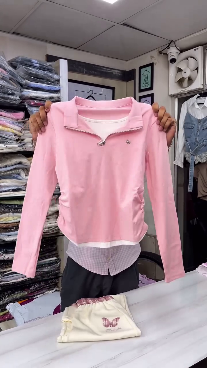 Women's Winter Pink Zip Top & Cream Wide-Leg Pants Set - Image 2