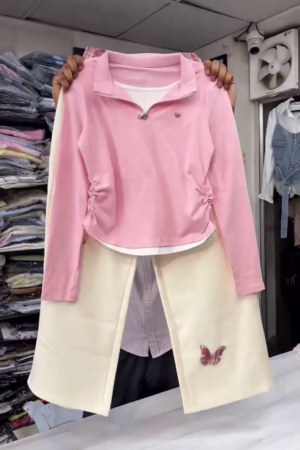 Women's Winter Pink Zip Top & Cream Wide-Leg Pants Set