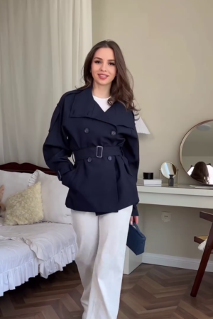 Women's Winter Navy Double-Breasted Belted Coat