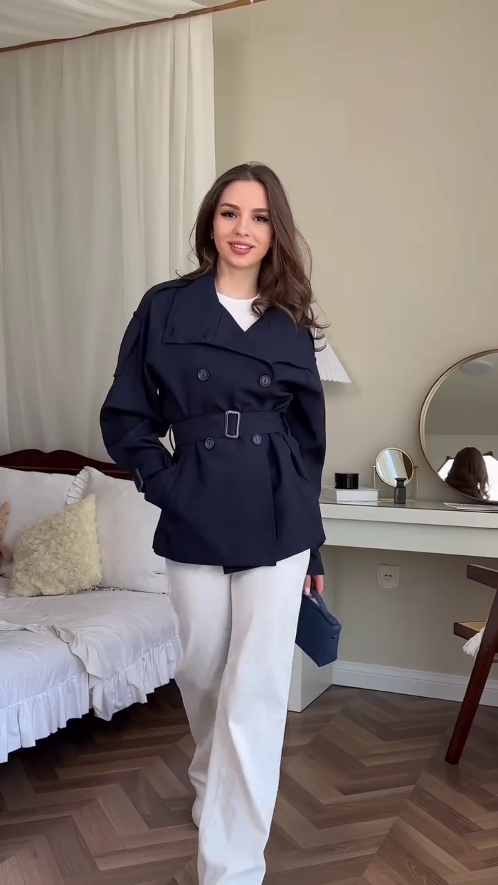 Women's Winter Navy Double-Breasted Belted Coat
