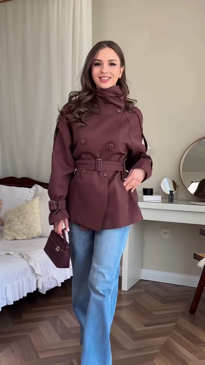 Women's Winter Navy Double-Breasted Belted Coat - Image 2