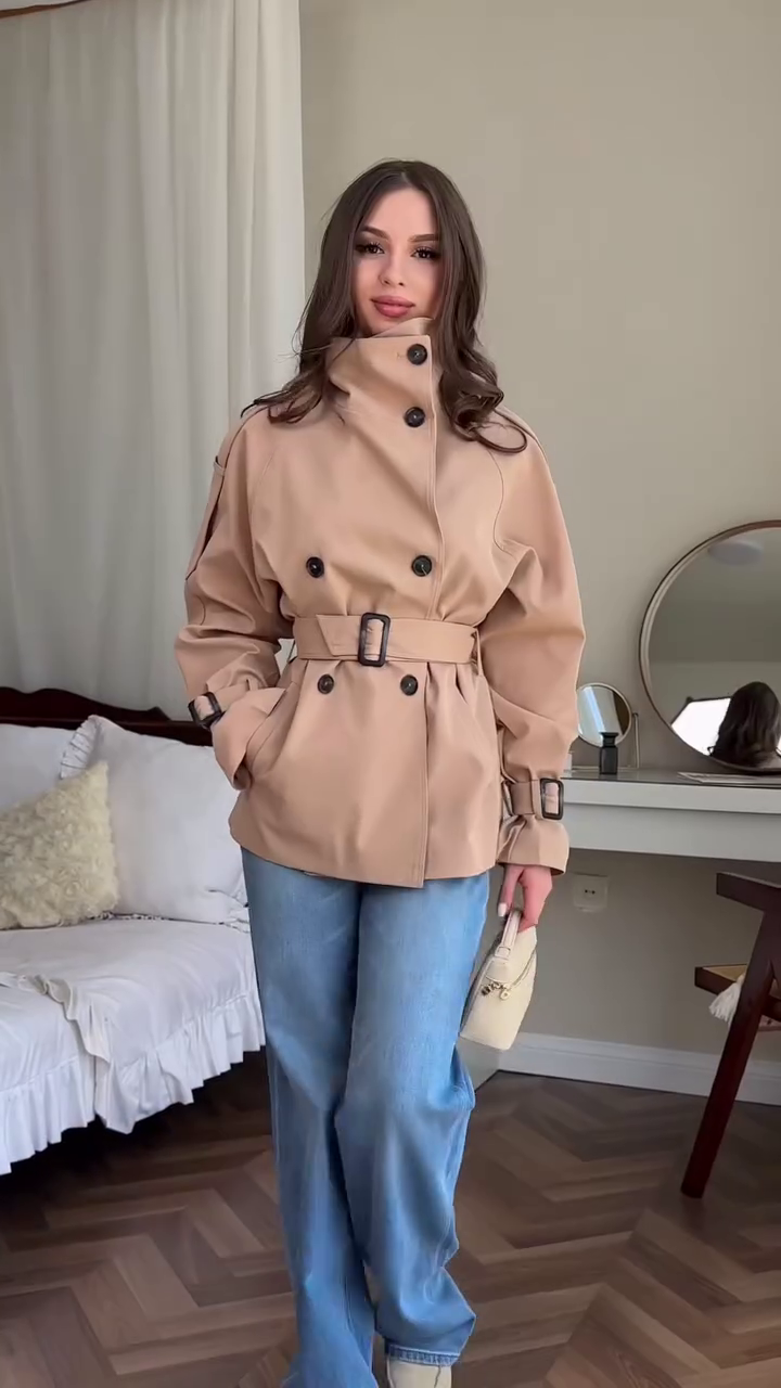 Women's Winter Navy Double-Breasted Belted Coat - Image 3